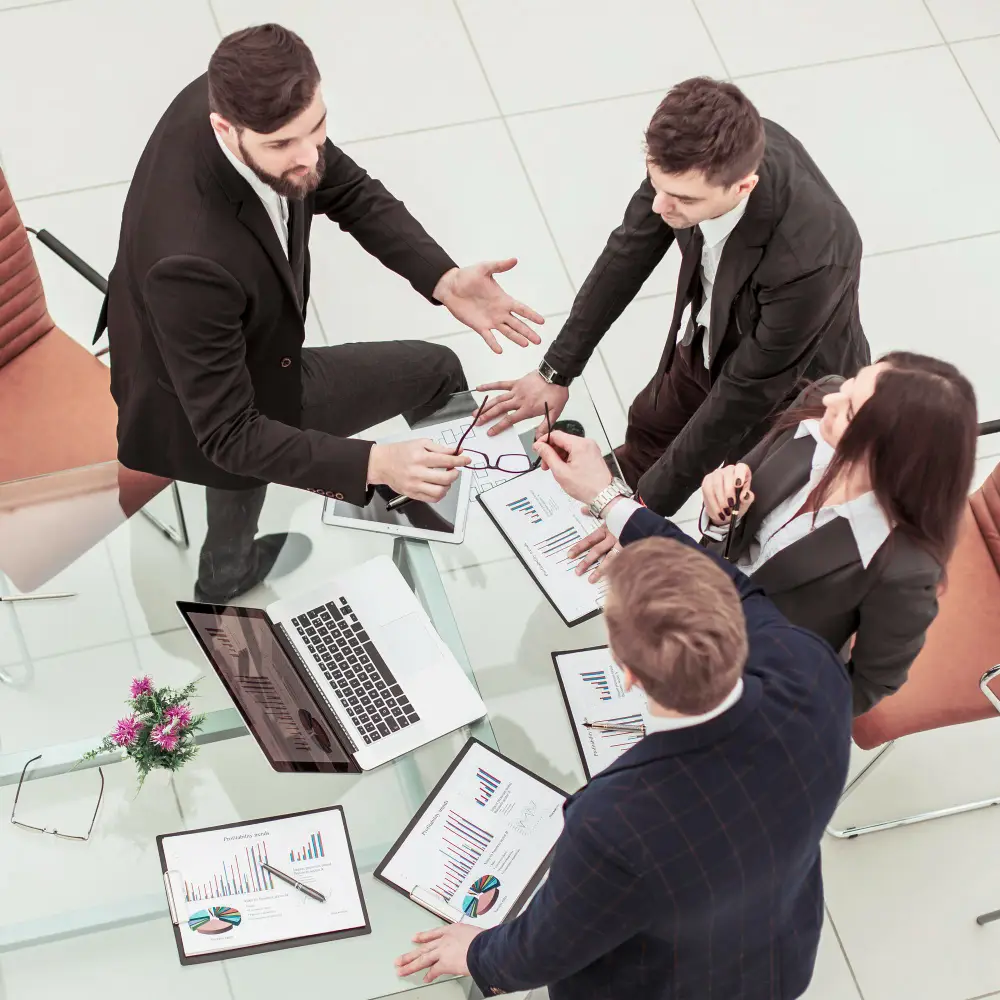 Business professionals analyzing chart of account setup data