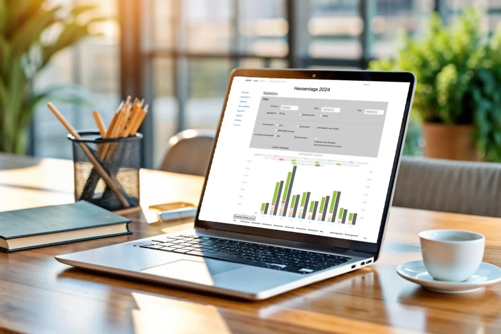 Laptop displaying financial analytics charts and reporting dashboards on a wooden office desk