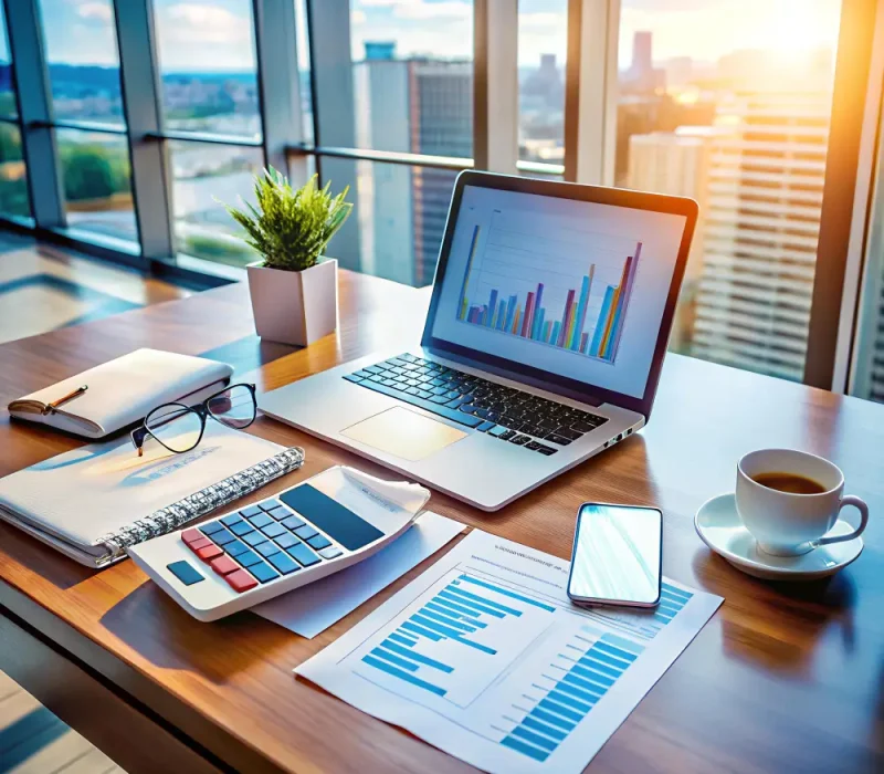 Chart of accounts setup with laptop calculator and financial charts