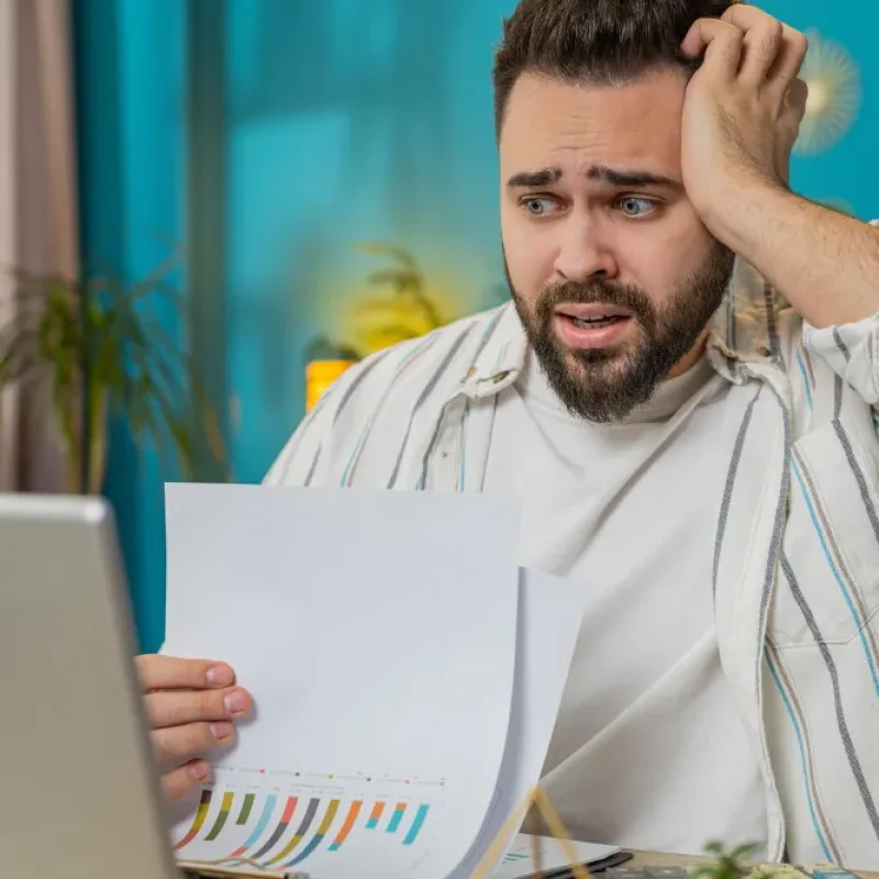 Frustrated person reviewing financial reports, possibly related to real estate bookkeeping