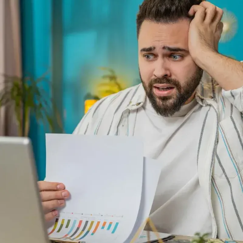 Frustrated person reviewing financial reports, possibly related to real estate bookkeeping